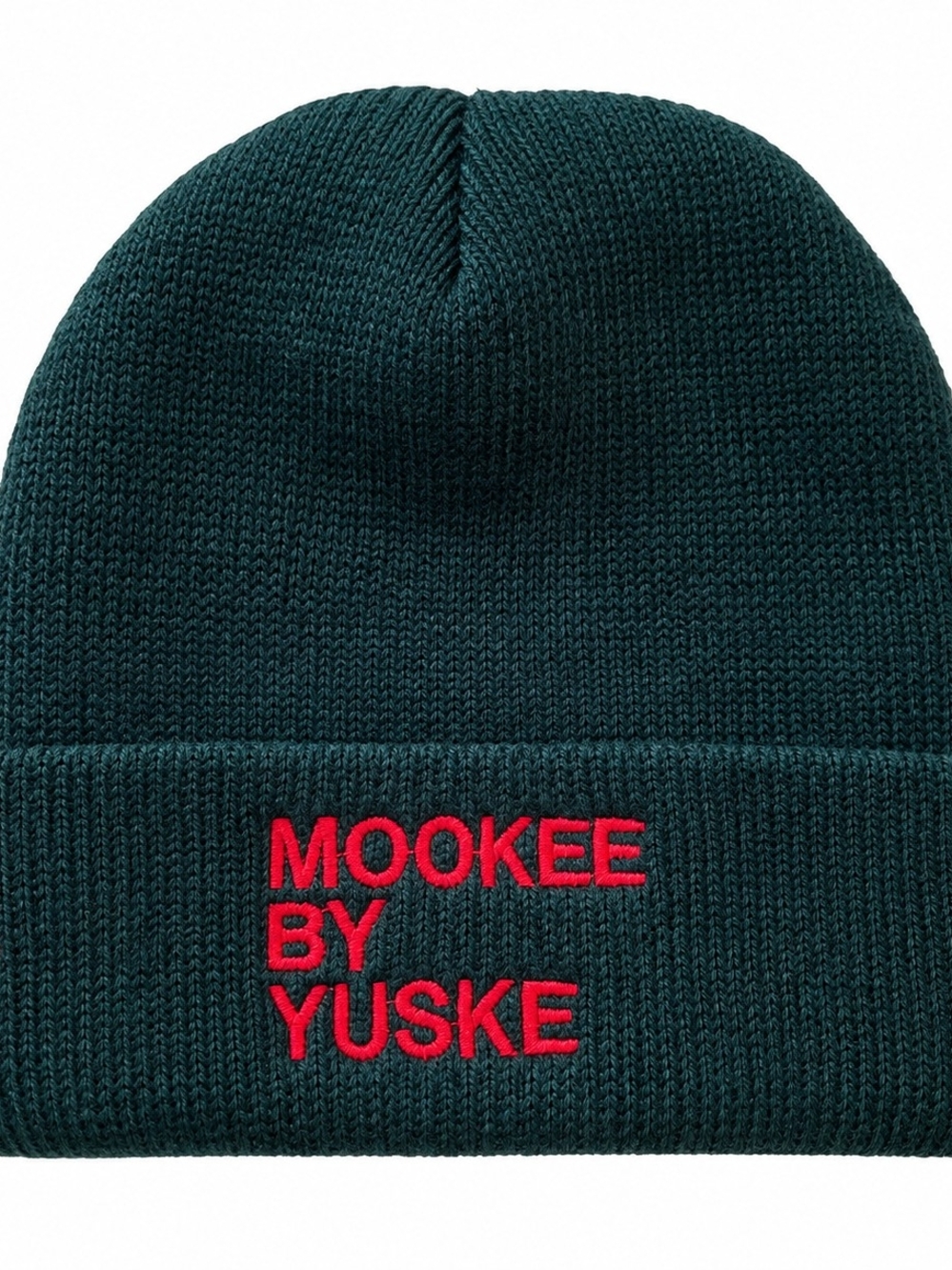 Dark Teal Knit Beanie with Red Embroidery